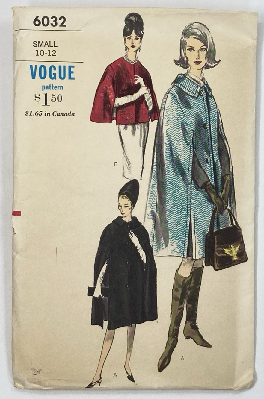 Vintage 1963 Vogue 6032 Mod Cape Cloak Pattern Size Small 10-12 UNCUT FF RARE